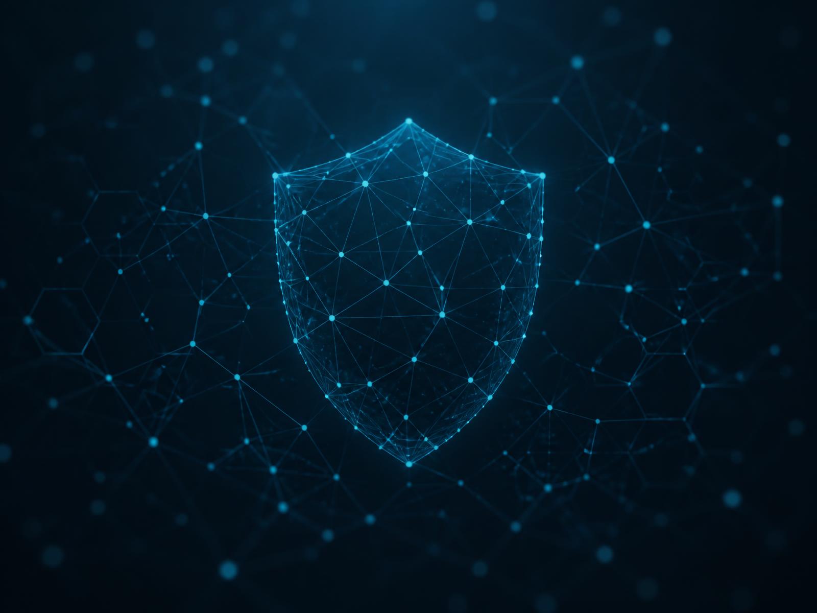 Abstract visualization of a secure investigative data network, with connected nodes forming a protective shield